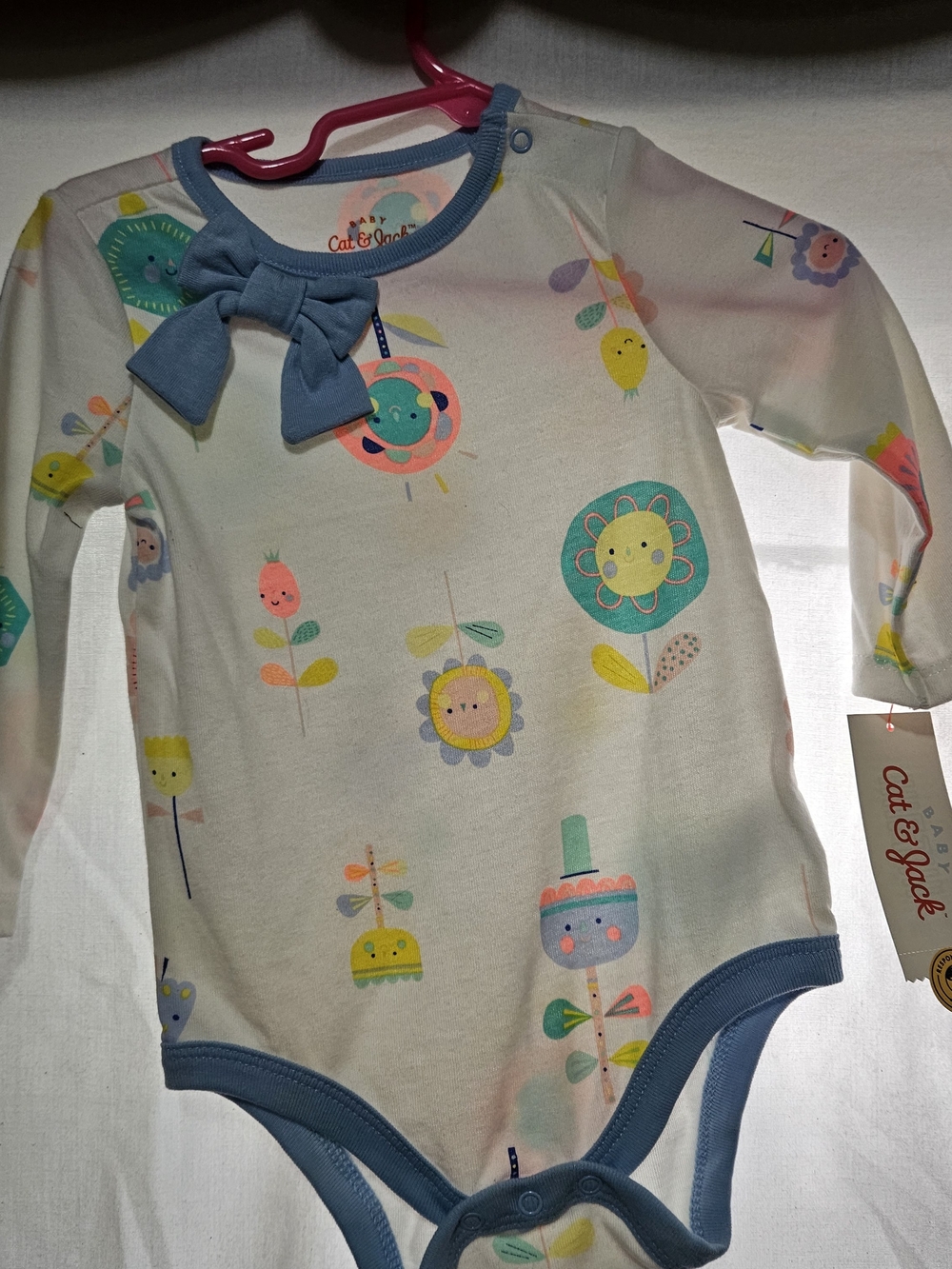 Cat & Jack Cream Floral Print Long-Sleeve Baby One-Piece with Blue Trim